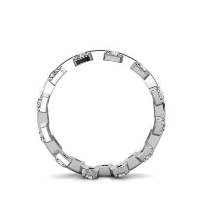 Through-finger view of white gold or platinum staggered square bezel diamond band showing the band profile