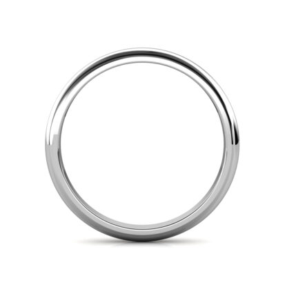 Through-finger view of white gold or platinum polished domed wedding band showing the band profile