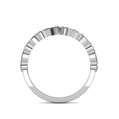 Through-finger view of white gold or platinum marquise and round diamond half eternity ring showing the band profile
