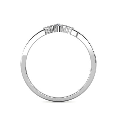 Through-finger view of white gold or platinum pear diamond slim V contour ring showing the band profile