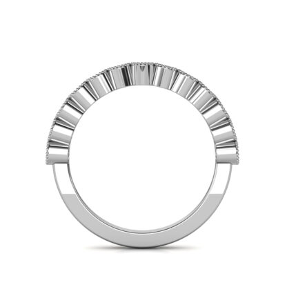 Through-finger view of white gold or platinum milgrain bezel diamond half eternity band showing the band profile