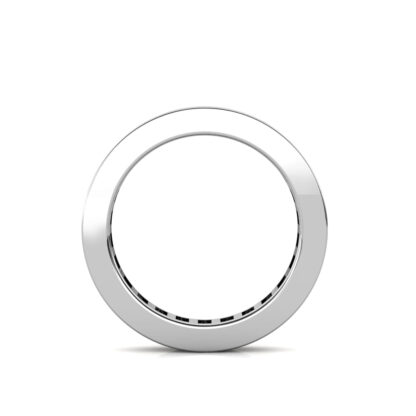 Through-finger view of white gold or platinum princess cut channel-set eternity ring showing the band profile