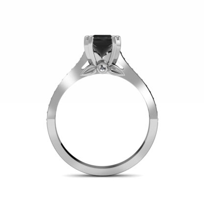 Through-finger view of white gold or platinum black diamond solitaire ring with pave shoulders showing the band profile