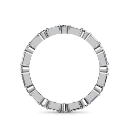 Through-finger view of white gold or platinum baguette and round diamond station eternity band showing the band profile