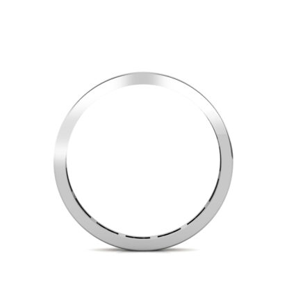 Through-finger view of white gold or platinum slim channel-set diamond eternity band showing the band profile