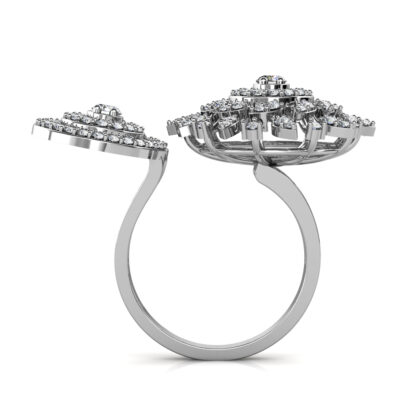 Through-finger view of white gold or platinum two-finger diamond sunburst cocktail ring showing the band profile