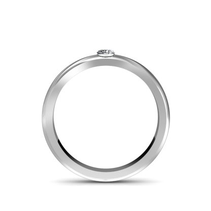 Through-finger view of white gold or platinum flush-set diamond solitaire domed band showing the band profile