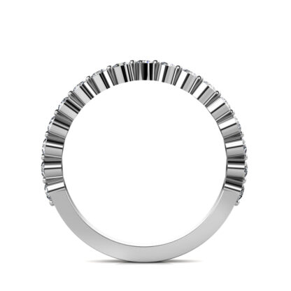 Through-finger view of white gold or platinum bezel-set diamond half eternity band showing the band profile