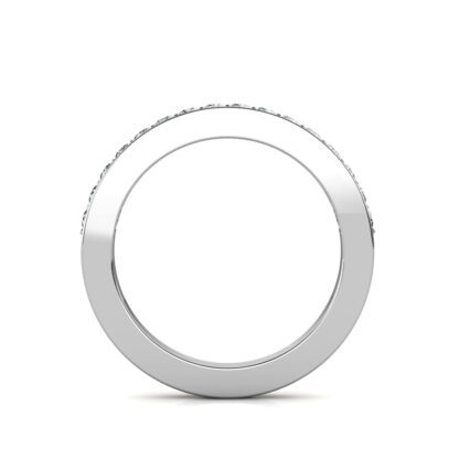 Through-finger view of white gold or platinum pave diamond half eternity band showing the band profile