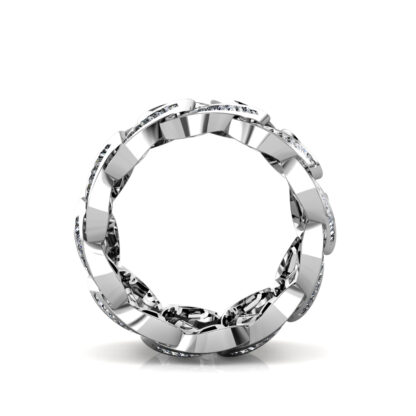 Top-down view of white gold or platinum interlocking loop baguette diamond wide ring