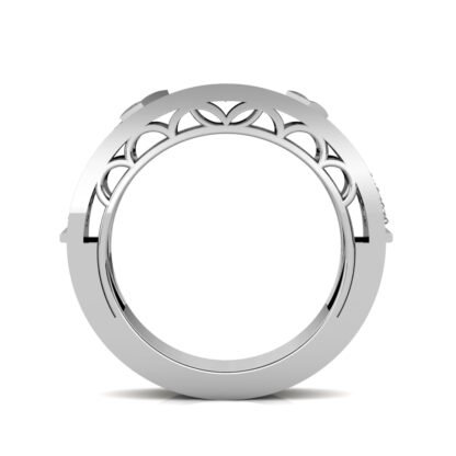Through-finger view of white gold or platinum wide channel and pave diamond band showing the band profile