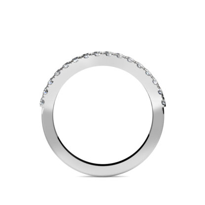 Through-finger view of white gold or platinum shared-prong diamond half eternity band showing the band profile