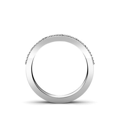 Through-finger view of white gold or platinum beaded milgrain graduated diamond band showing the band profile