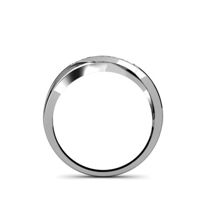 Through-finger view of white gold or platinum pave diamond crossover wedding ring showing the band profile