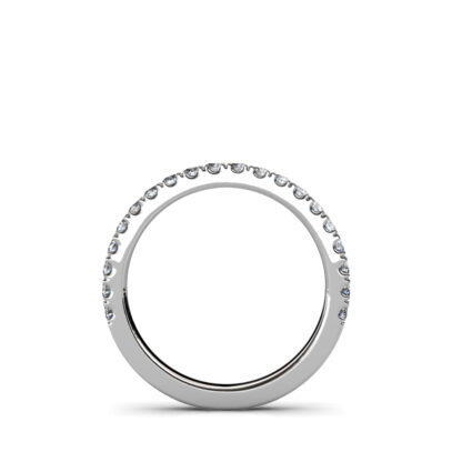 Through-finger view of white gold or platinum prong-set diamond half eternity ring showing the band profile