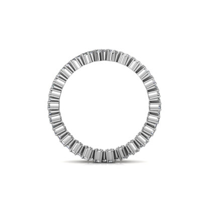 Through-finger view of white gold or platinum double row staggered diamond eternity band showing the band profile