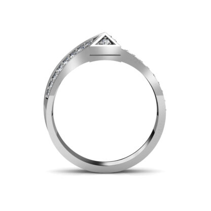 Through-finger view of white gold or platinum pave diamond T shape statement ring showing the band profile