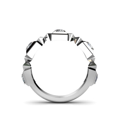 Through-finger view of white gold or platinum geometric block bezel diamond band showing the band profile