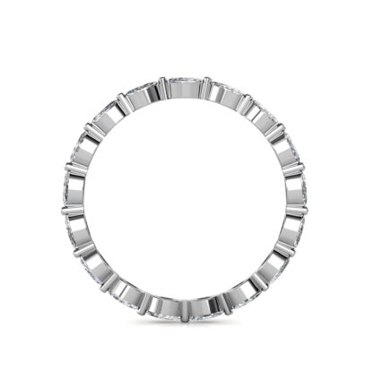 Through-finger view of white gold or platinum marquise diamond station eternity ring showing the band profile