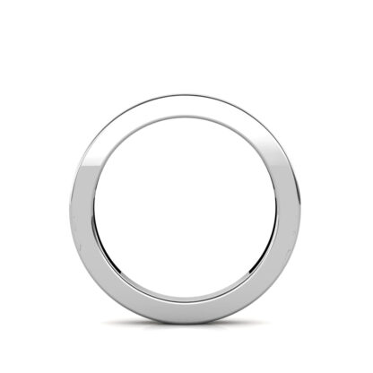 Through-finger view of white gold or platinum princess cut channel-set diamond band ring showing the band profile