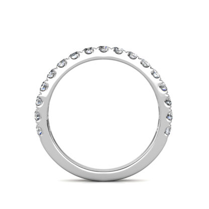 Through-finger view of white gold half eternity diamond ring showing the band profile