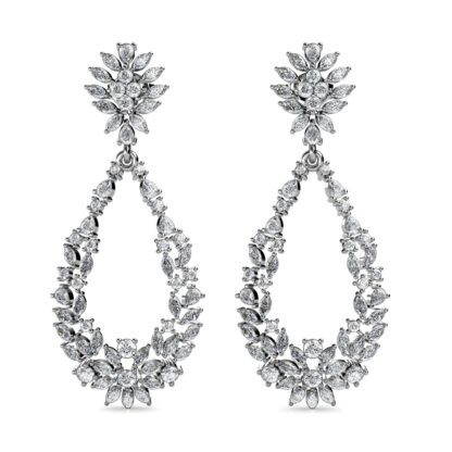 Front view of white gold marquise diamond open teardrop earrings