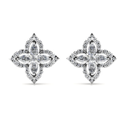 Front view of white gold marquise diamond star stud earrings