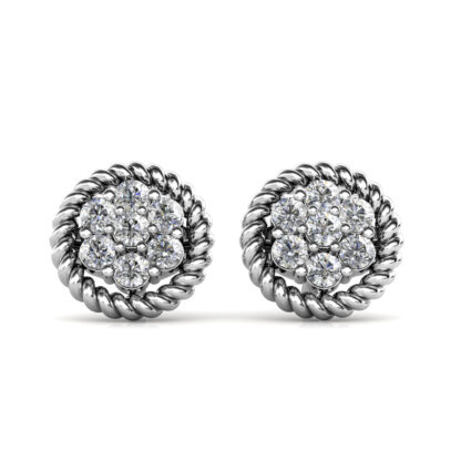 Front view of white gold diamond flower cluster rope edge stud earrings