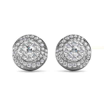 Front view of white gold double halo diamond cluster stud earrings