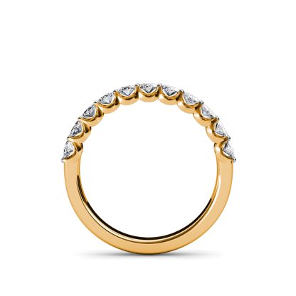 Through-finger view of yellow gold oval diamond half eternity ring showing the band profile
