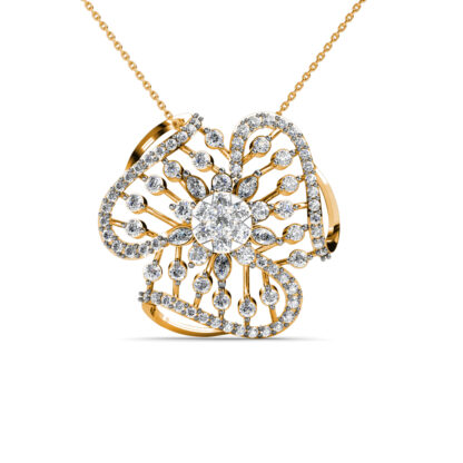 Front view of yellow gold flower pendant with radiating round diamonds and a cluster centre