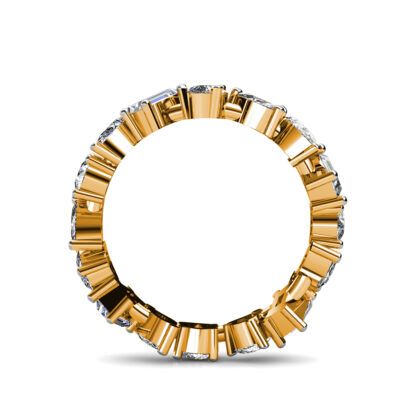 Through-finger view of yellow gold mixed shape diamond eternity band showing the band profile