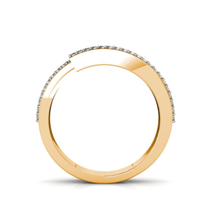 Through-finger view of yellow gold four row pave diamond bypass band showing the band profile