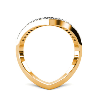 Through-finger view of yellow gold elongated V pave diamond ring showing the band profile