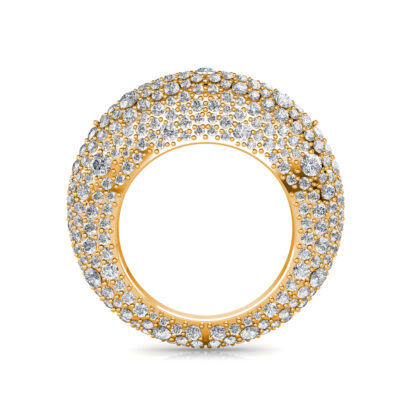 Through-finger view of yellow gold full pave diamond dome ring showing the band profile