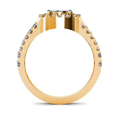 Through-finger view of yellow gold illusion cluster halo split shank ring showing the band profile