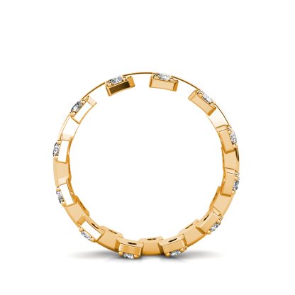 Through-finger view of yellow gold staggered square bezel diamond band showing the band profile