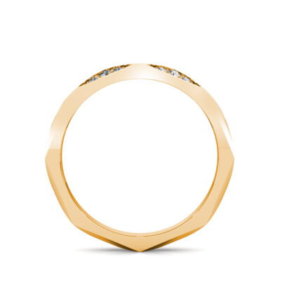 Through-finger view of yellow gold faceted geometric diamond band showing the band profile