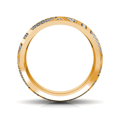 Through-finger view of yellow gold wide pave diamond panel band showing the band profile