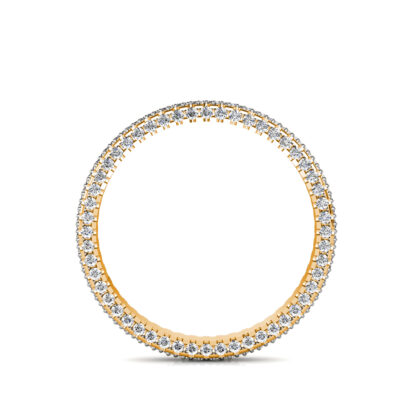 Through-finger view of yellow gold triple row pave diamond eternity band showing the band profile