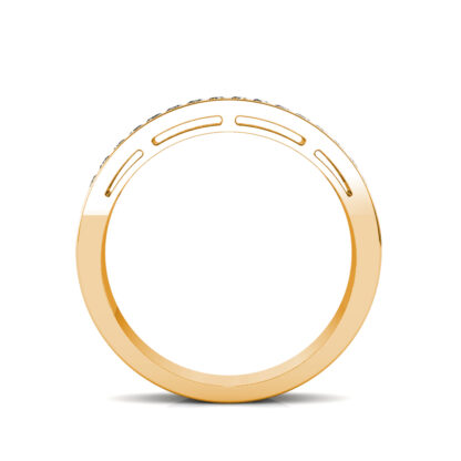 Through-finger view of yellow gold wide two-row pave diamond slotted band showing the band profile