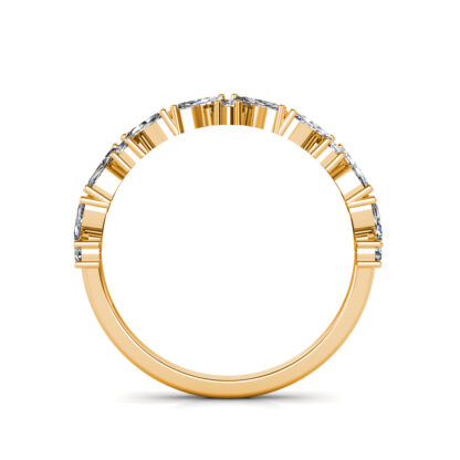 Through-finger view of yellow gold marquise diamond leaf vine band showing the band profile