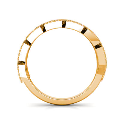 Through-finger view of yellow gold milgrain leaf pattern diamond band showing the band profile