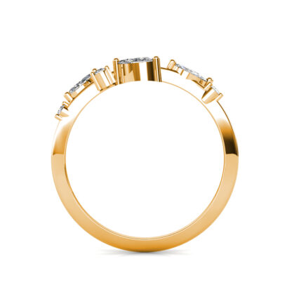Through-finger view of yellow gold marquise diamond branch ring showing the band profile