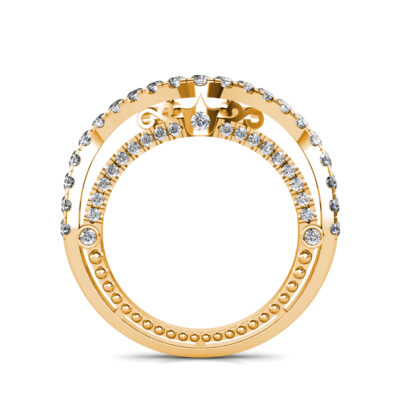 Through-finger view of yellow gold curved pave diamond contour wedding band showing the band profile