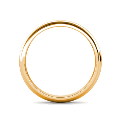 Through-finger view of yellow gold polished domed wedding band showing the band profile