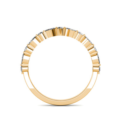 Through-finger view of yellow gold marquise and round diamond half eternity ring showing the band profile