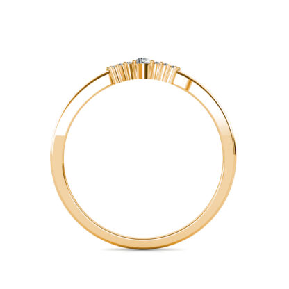Through-finger view of yellow gold pear diamond slim V contour ring showing the band profile