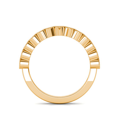 Through-finger view of yellow gold milgrain bezel diamond half eternity band showing the band profile
