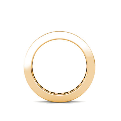 Through-finger view of yellow gold princess cut channel-set eternity ring showing the band profile